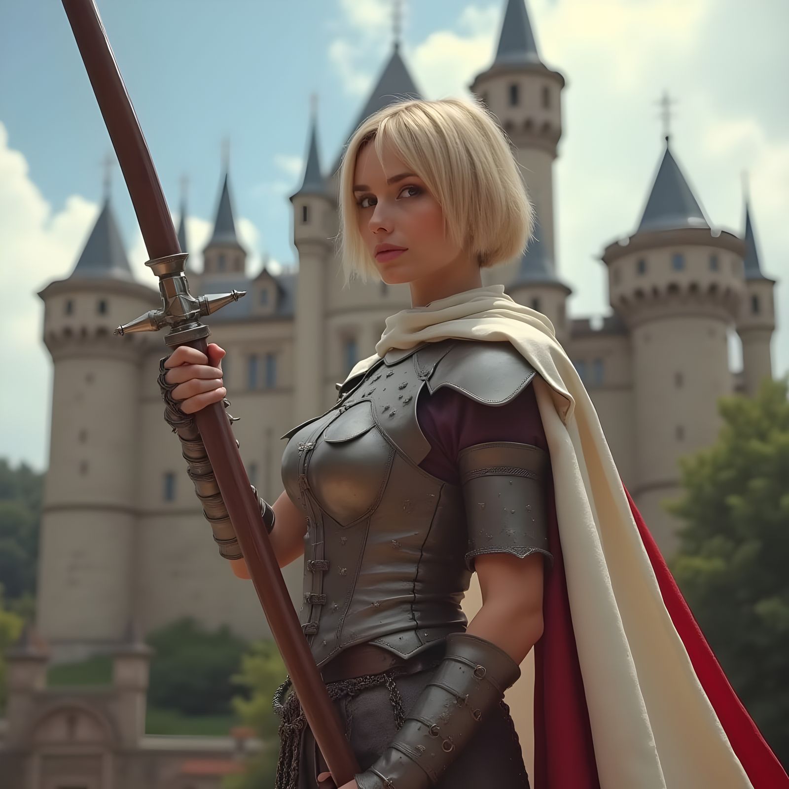 Medieval Warrior Maiden in Fitted Armor Stands Before French...