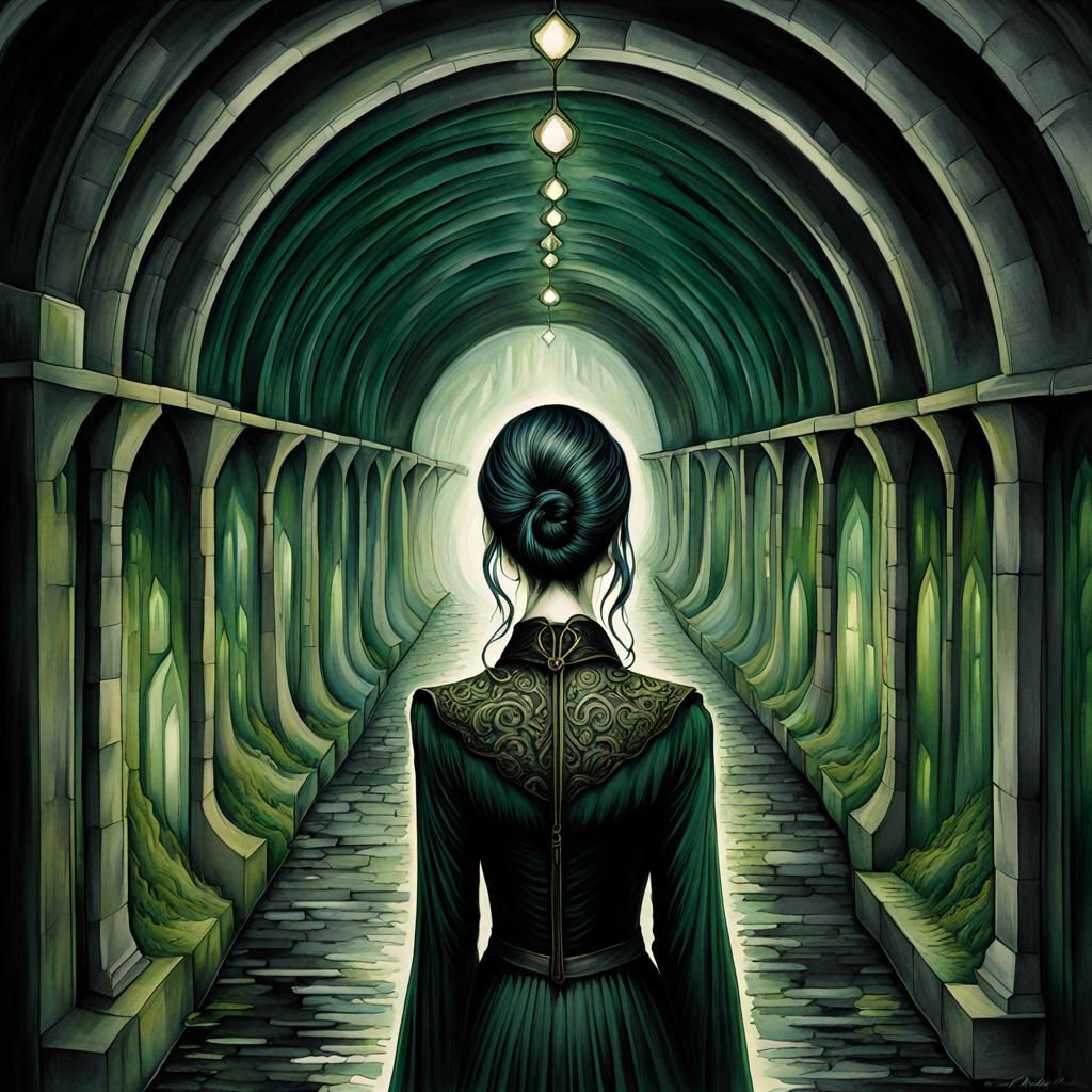 Goth Punk Girl in Tunnel: Liquid Ink Watercolor