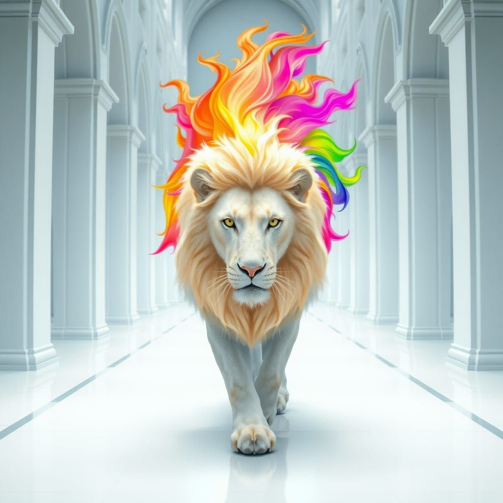 Albino Lion in Cathedral Hall with Rainbow Mane
