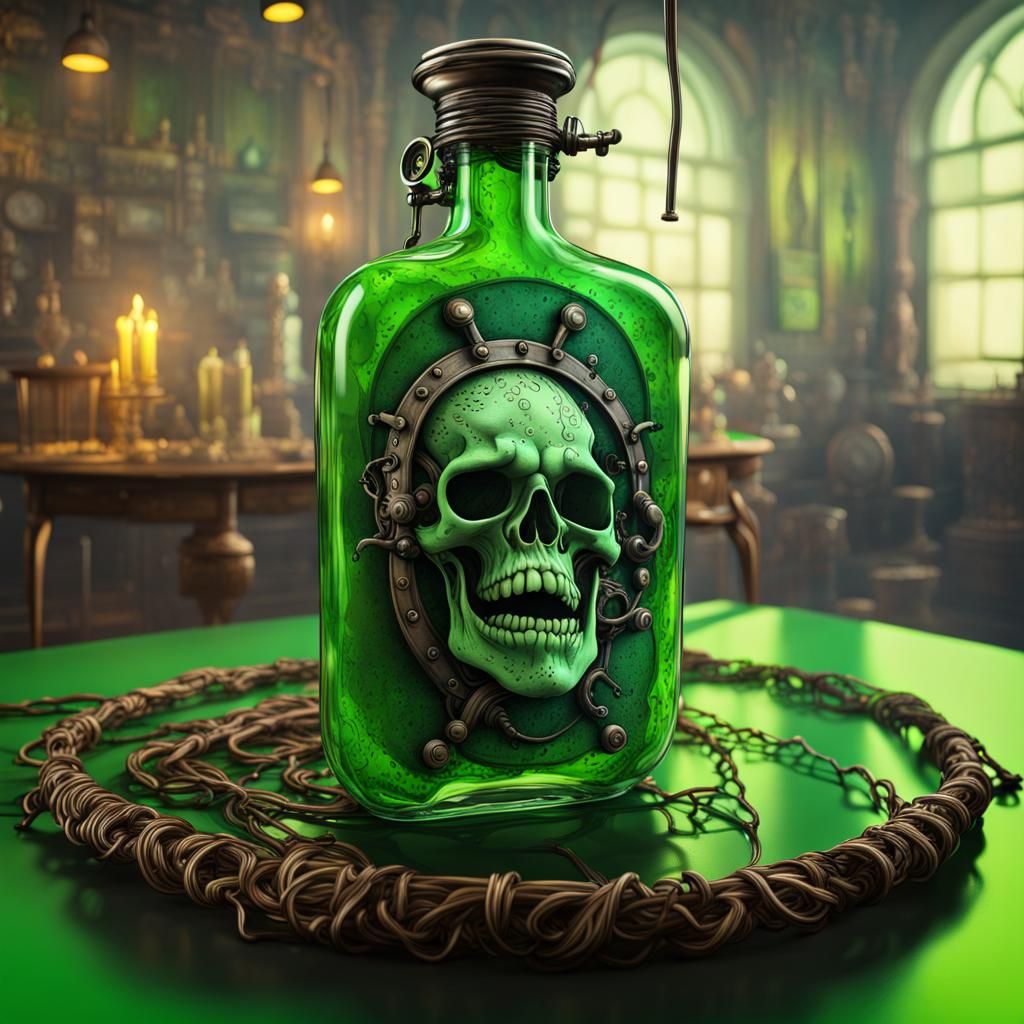 Steampunk Flask of Gorgon Poison in Hyperrealistic Style