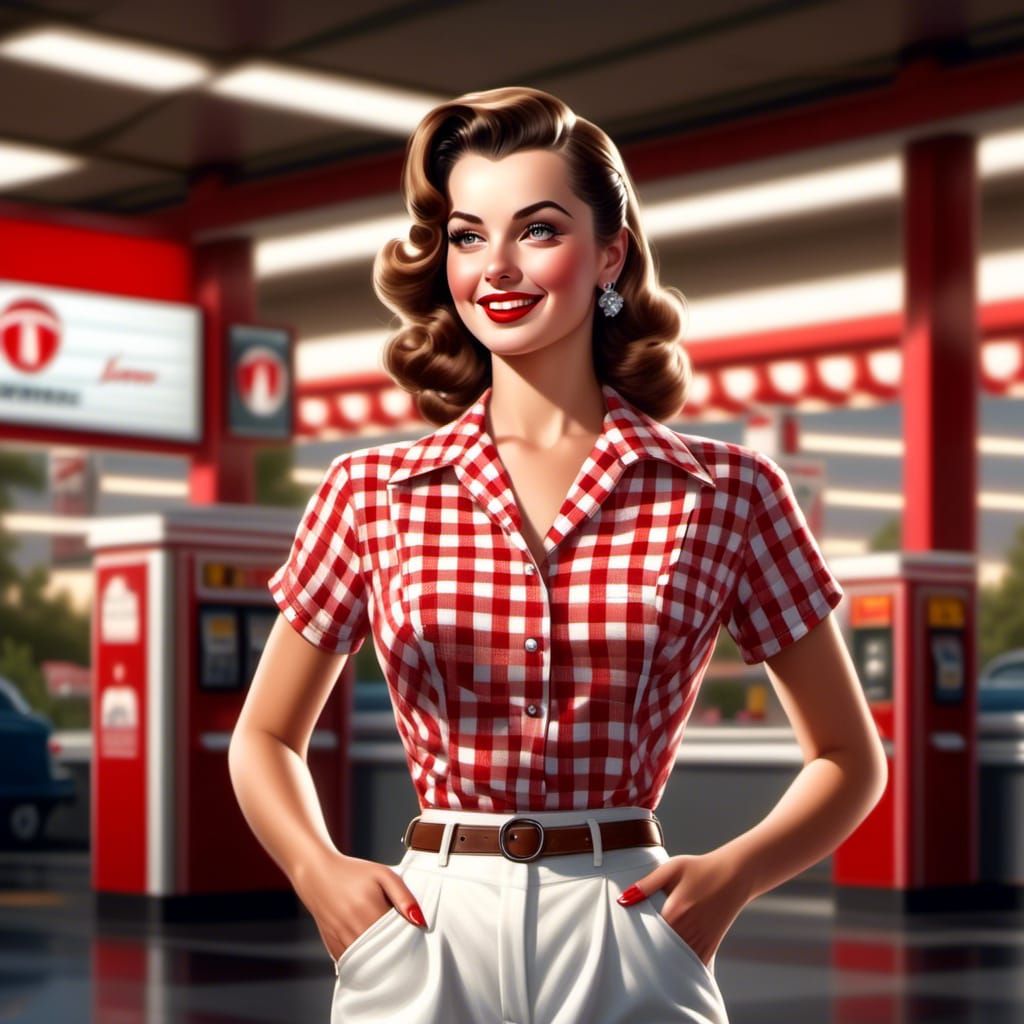 1940s Pin-Up Girl at Service Station