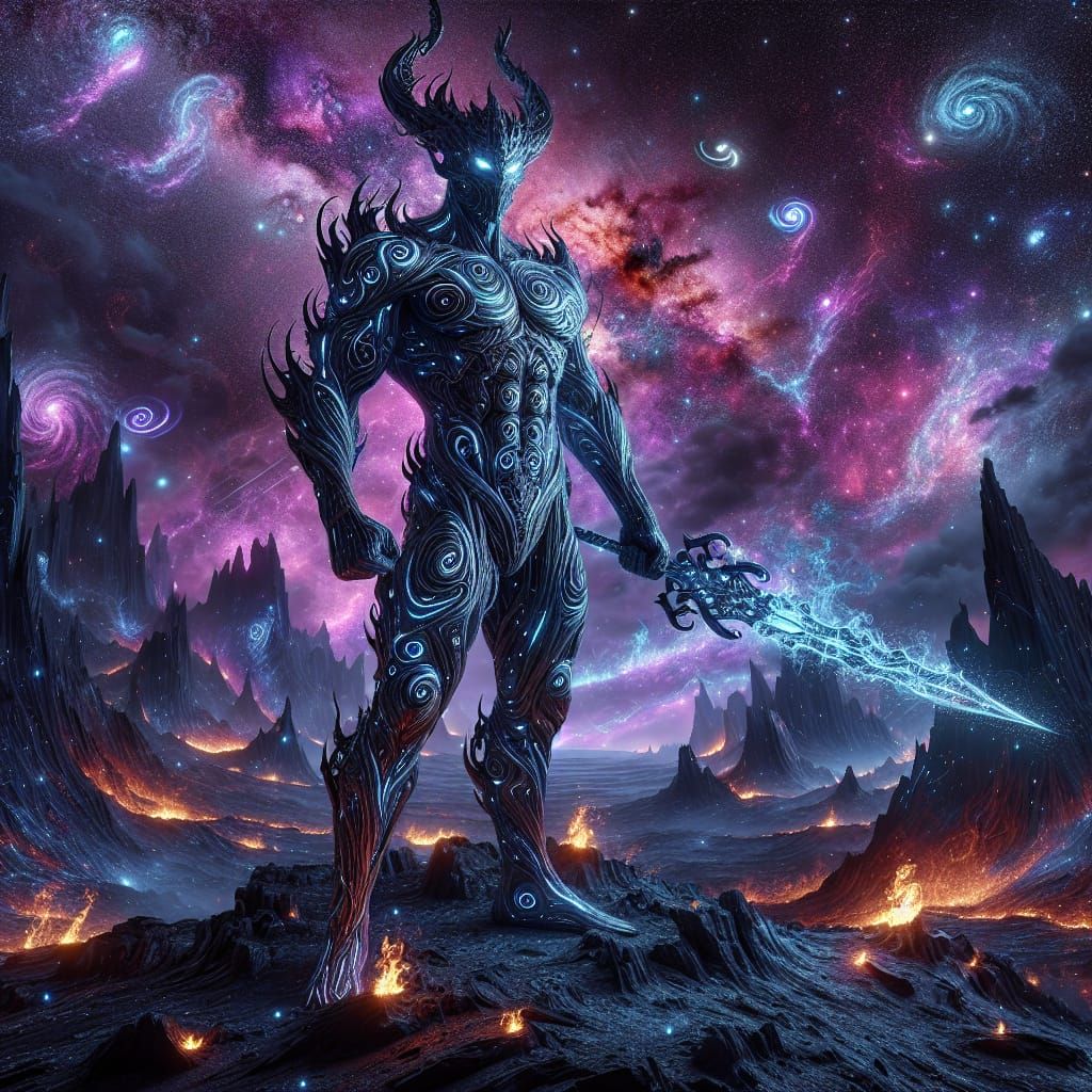 Cosmic Warrior on Fire-Swathed Mountaintop