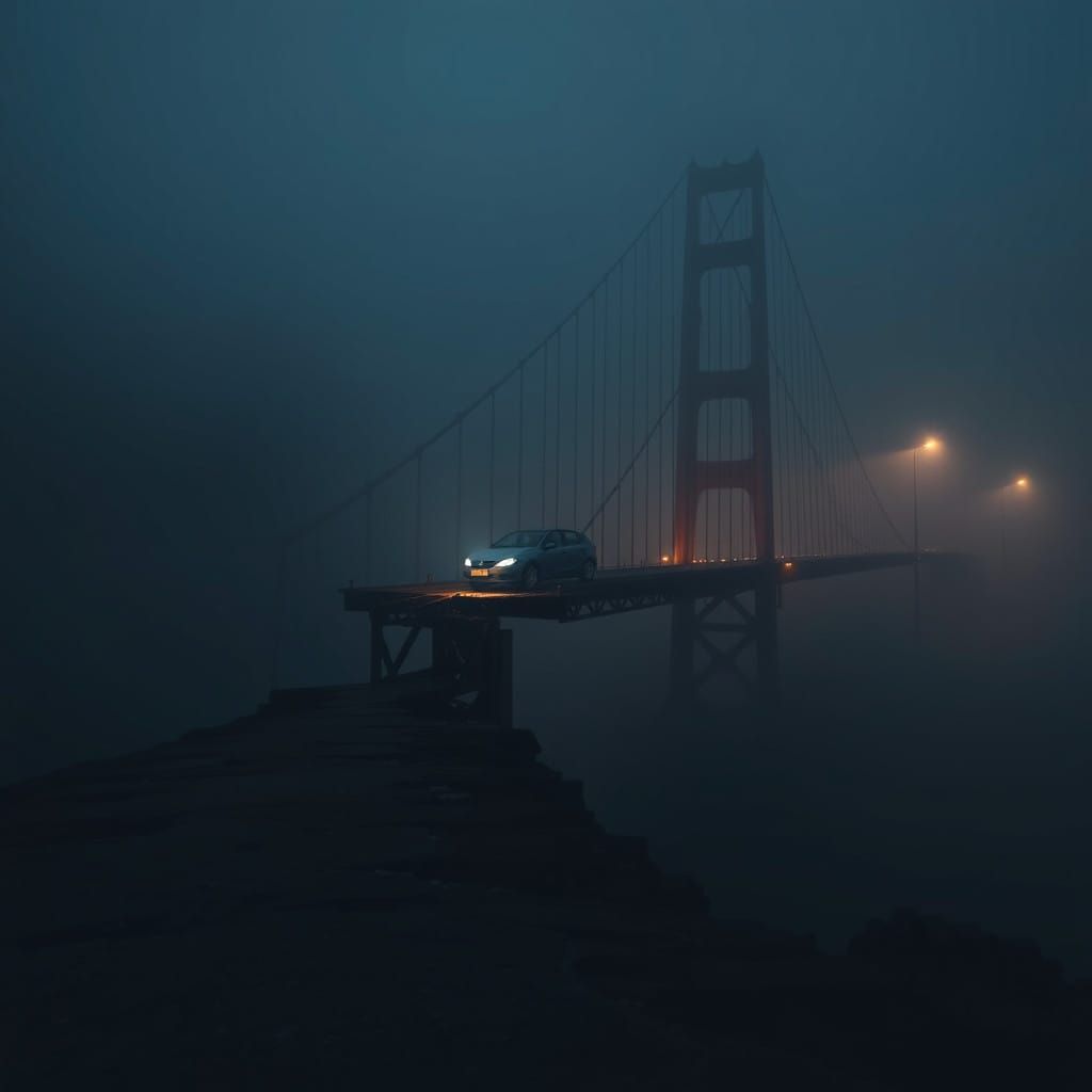 A Car Hangs Suspended on a Crumbling Bridge in Misty Night