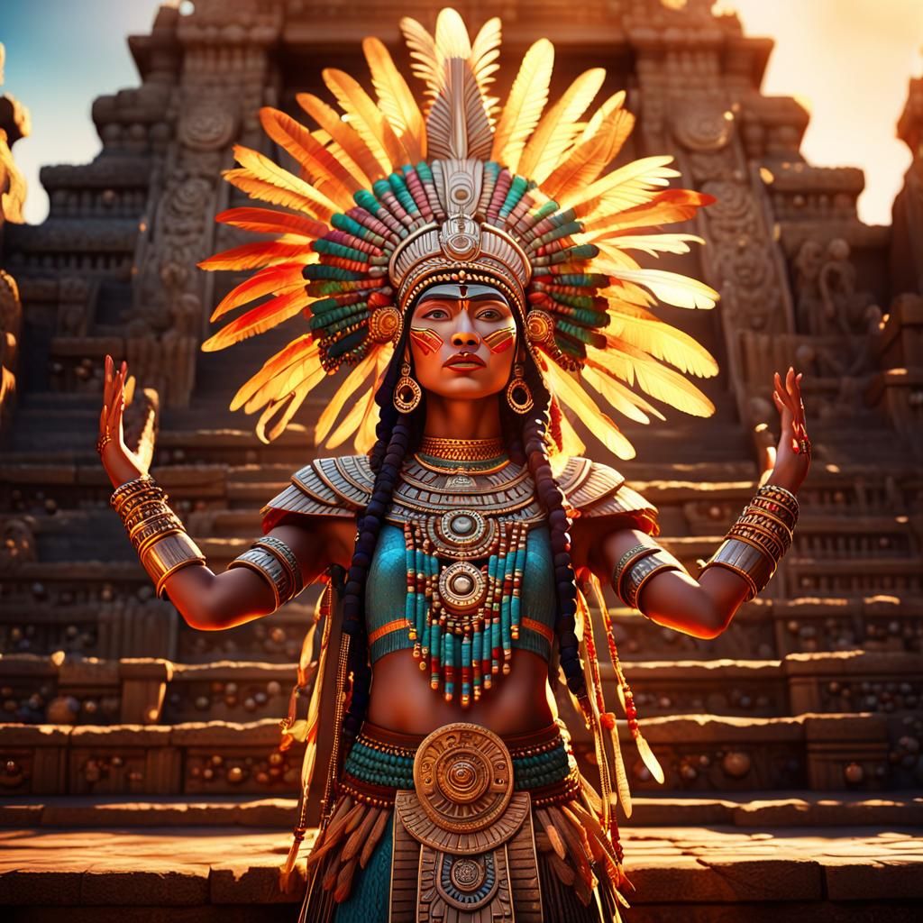 Aztec Princess on Temple Steps in Golden Light