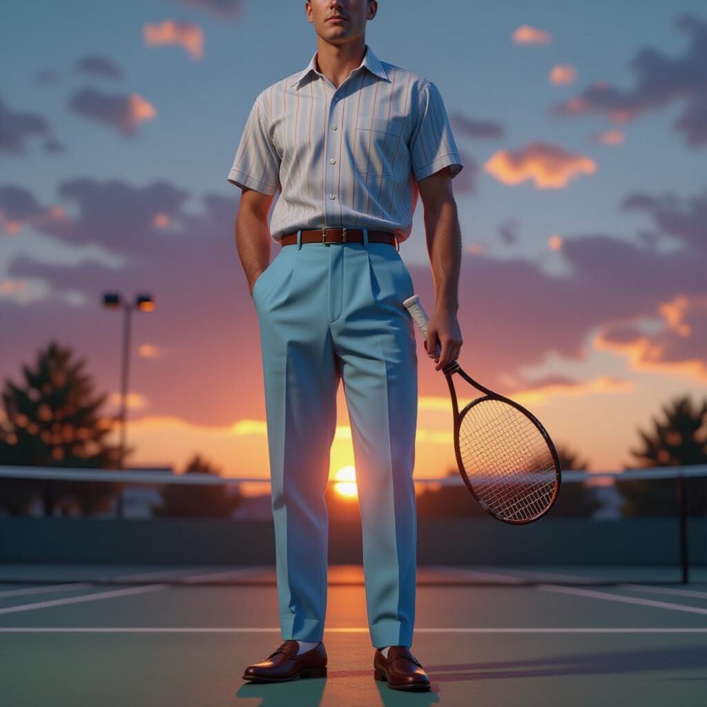 Man in 1950s Fashion Plays Tennis at Sunset