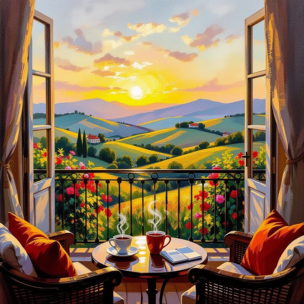 Cozy Balcony View of Rolling Hills at Golden Hour