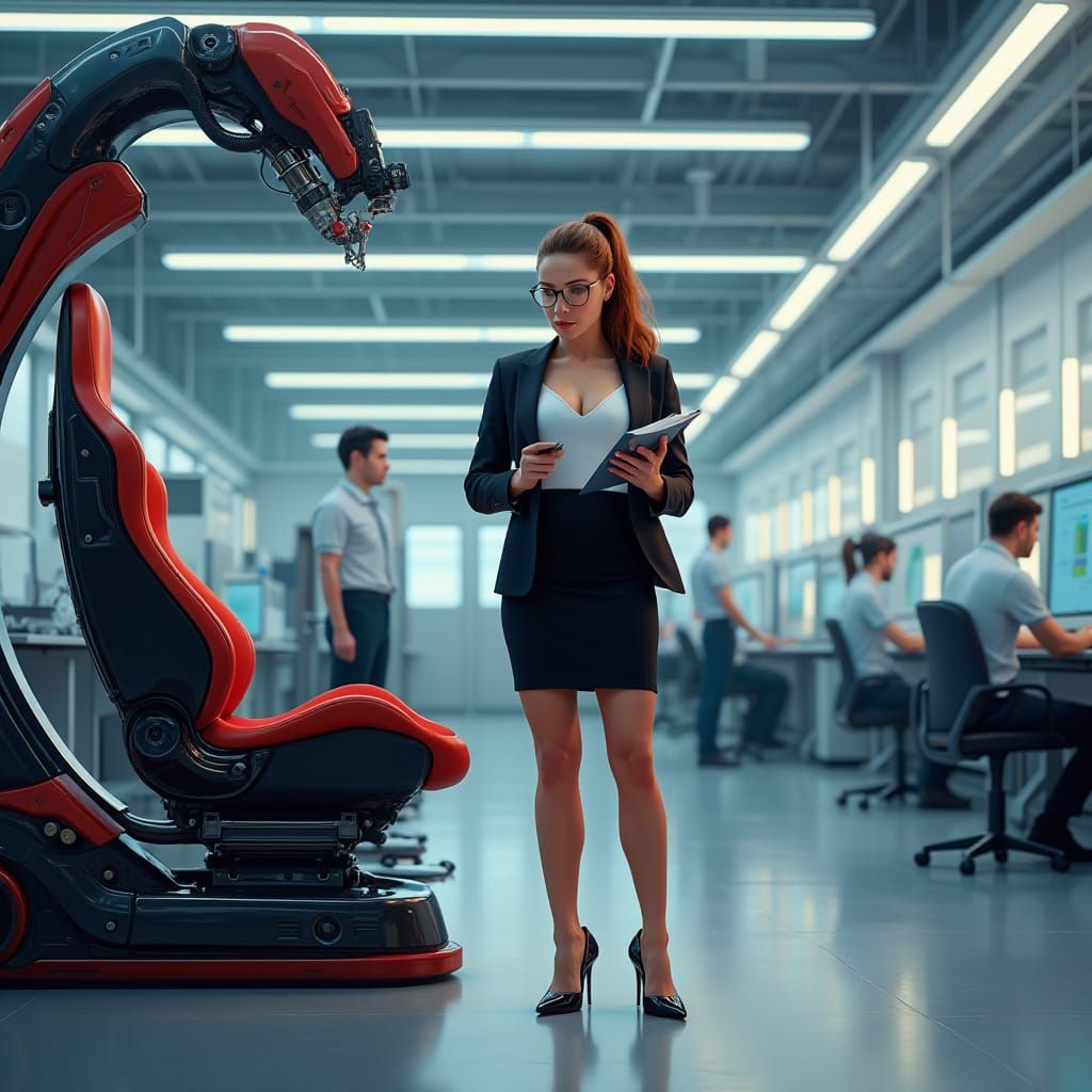 Futuristic Fitness Goddess in Industrial Automotive Lab