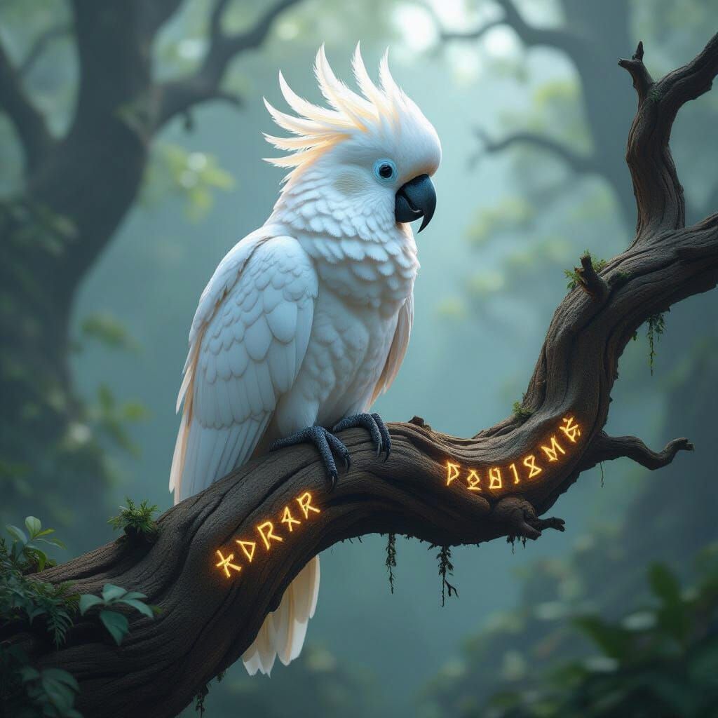 Majestic Cockatoo on Ancient Branch in Dark Fantasy Forest