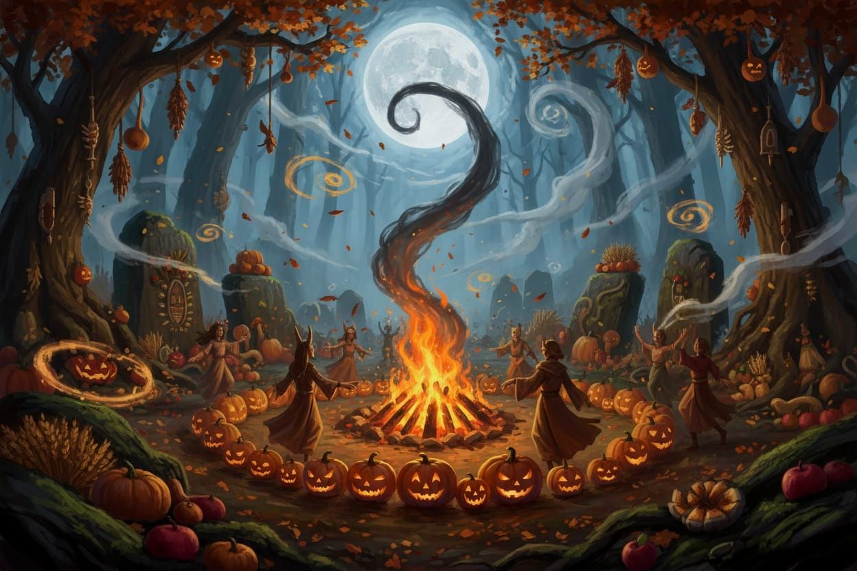 Midnight Harvest Festival in Ancient Forest with Moon