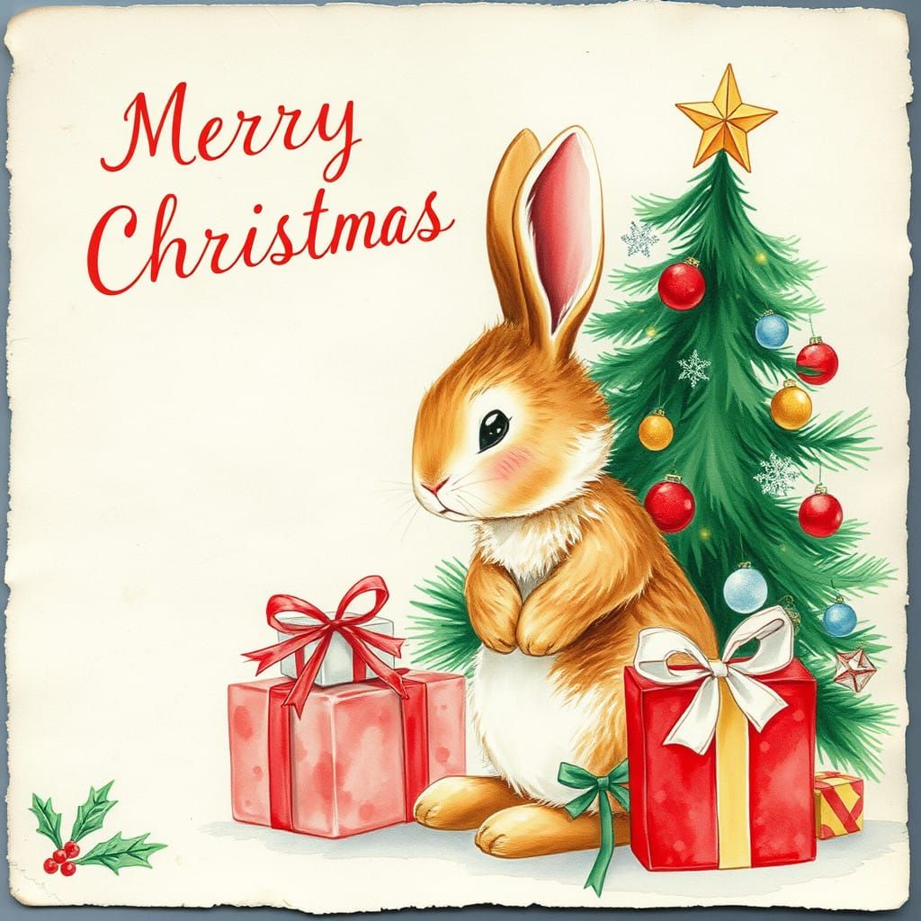 Vintage Whimsical Christmas Card Featuring a Delightful Fluf...