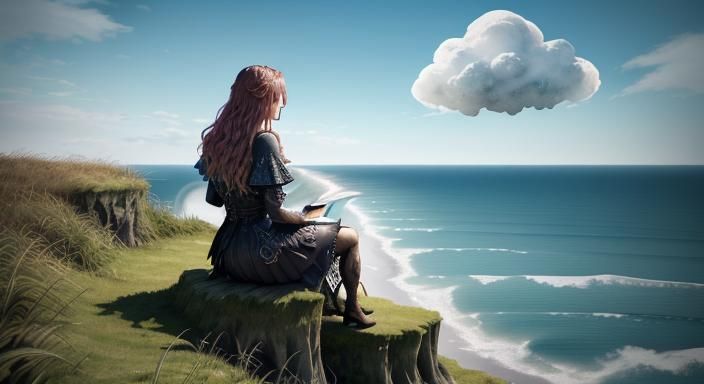 Girl on Cliffside Bench Under Cloud, in Watercolour Style