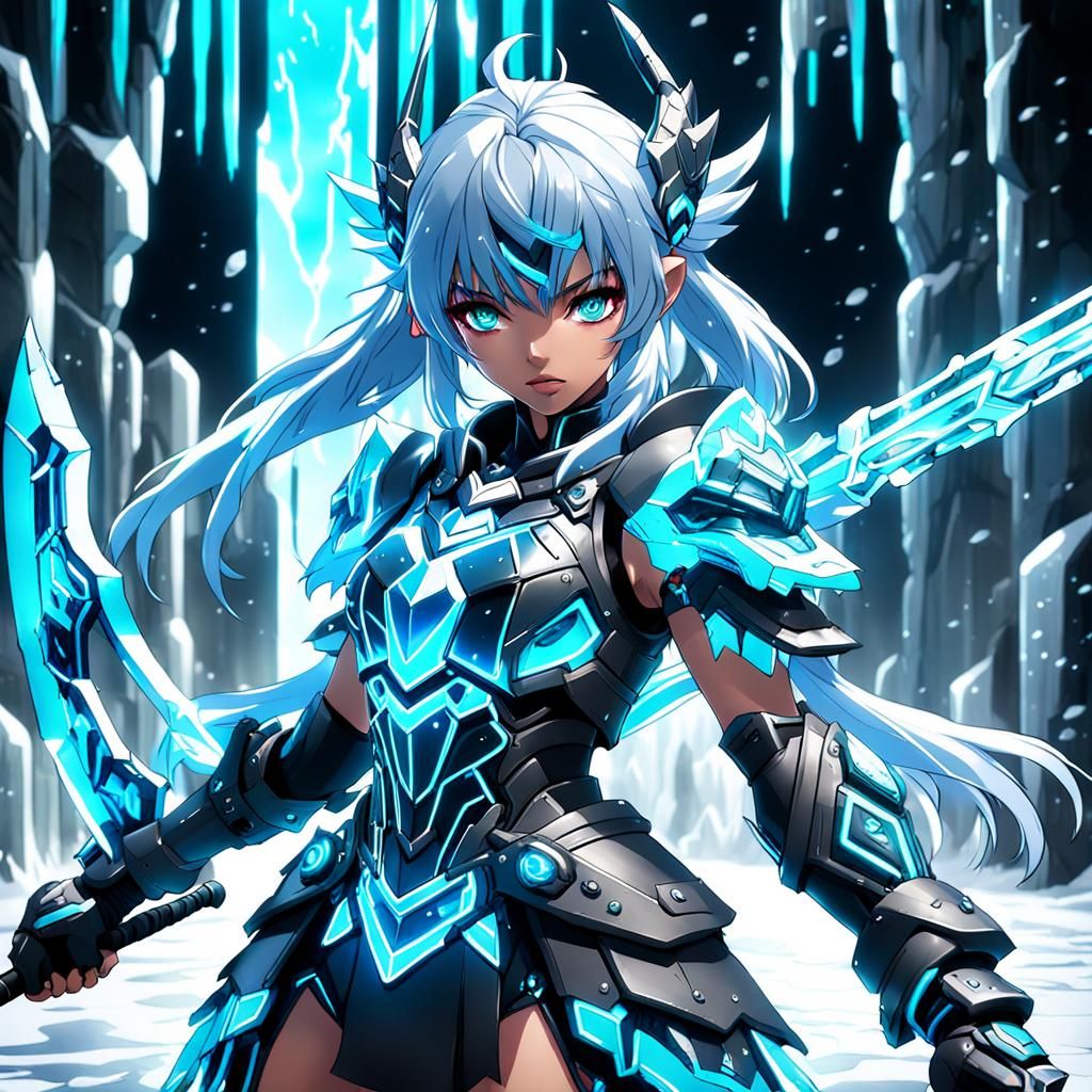 Anime Neon Ice Warrior Girl in Detailed Style