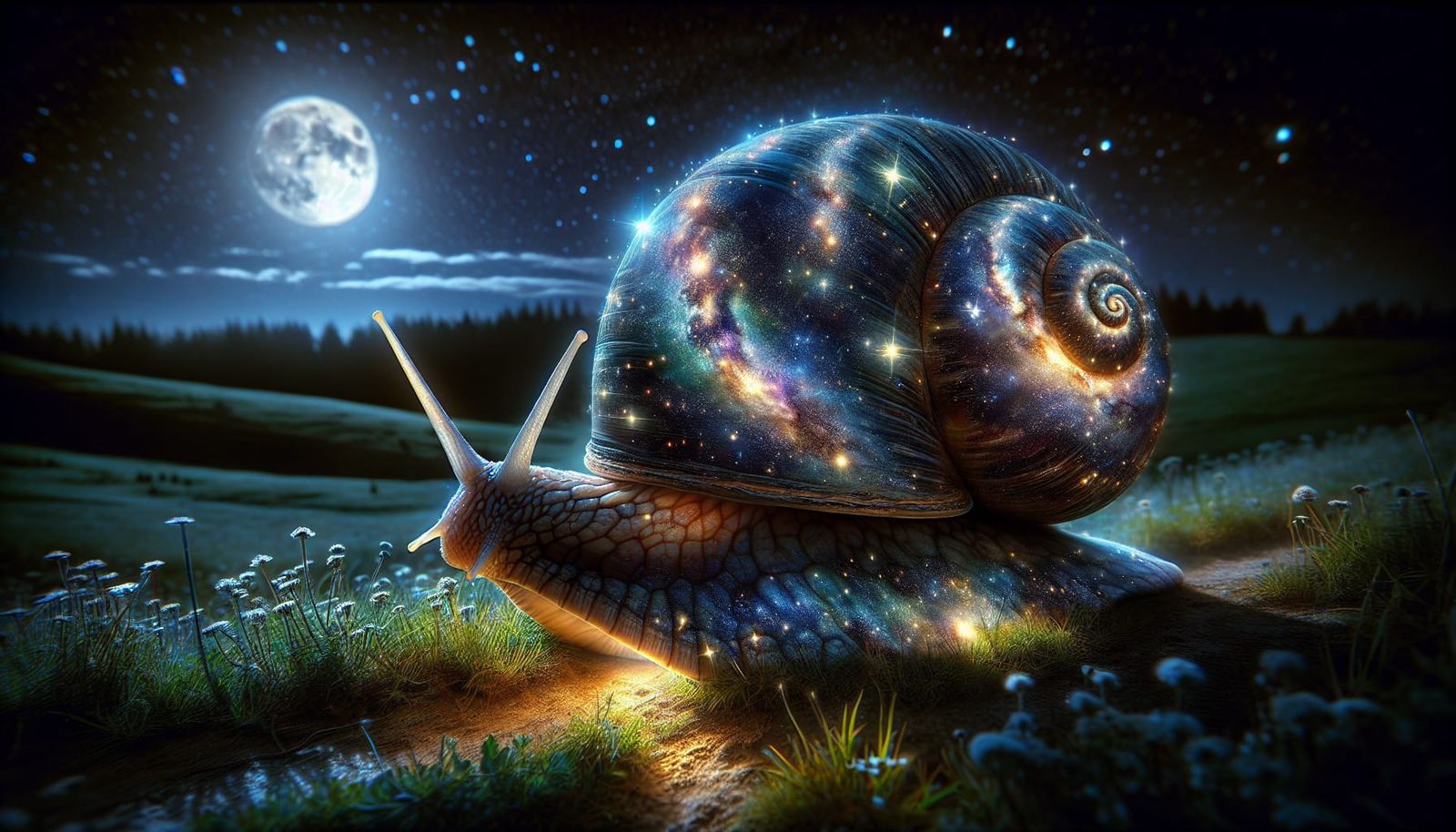 Celestial Snail Illuminates Moonlit Meadow