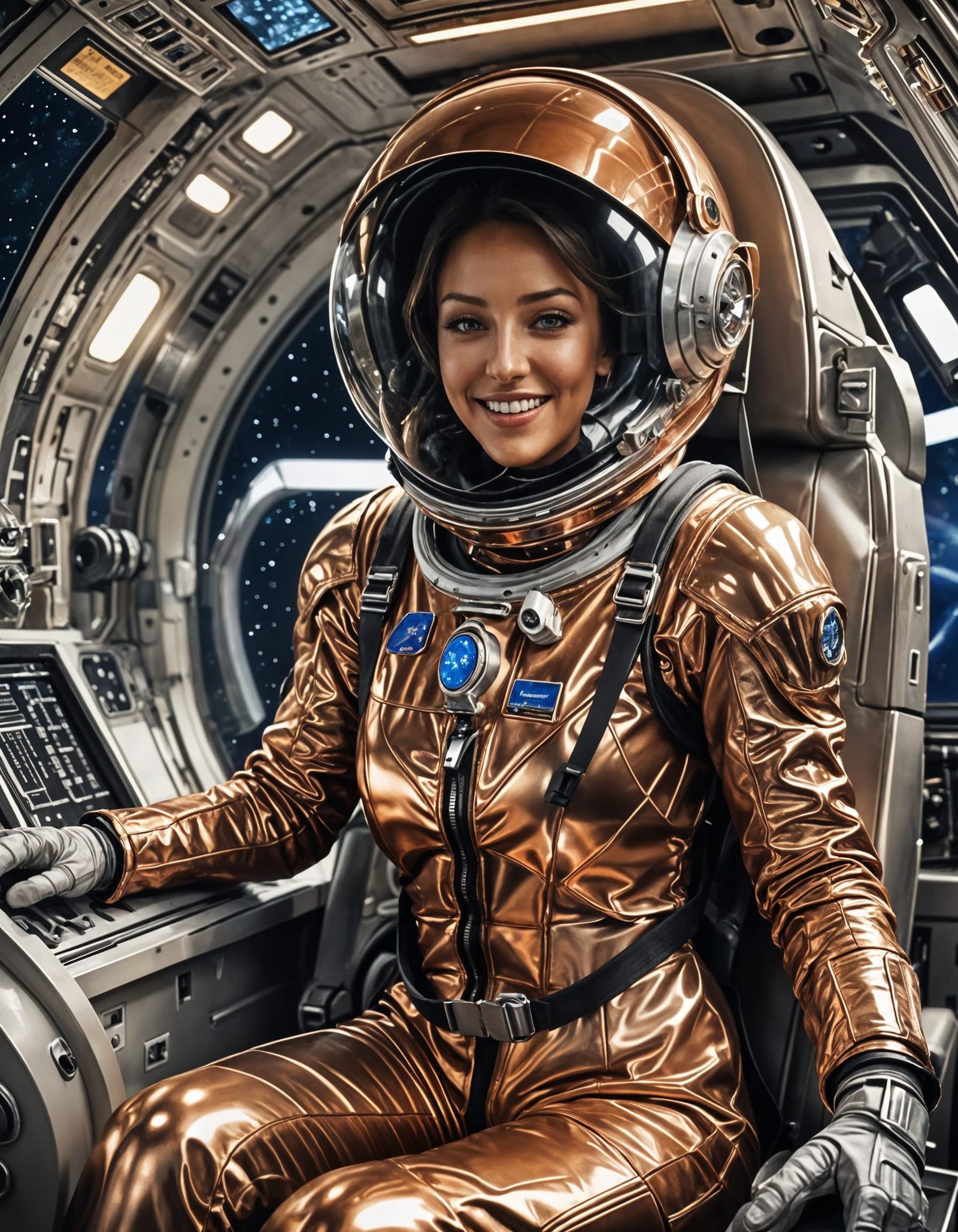 Woman in Copper Spacesuit Smiling in Spaceship