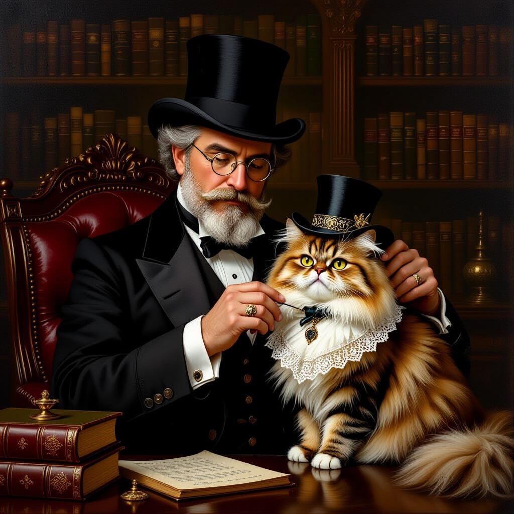 Victorian Gentleman and Persian Cat Portrait