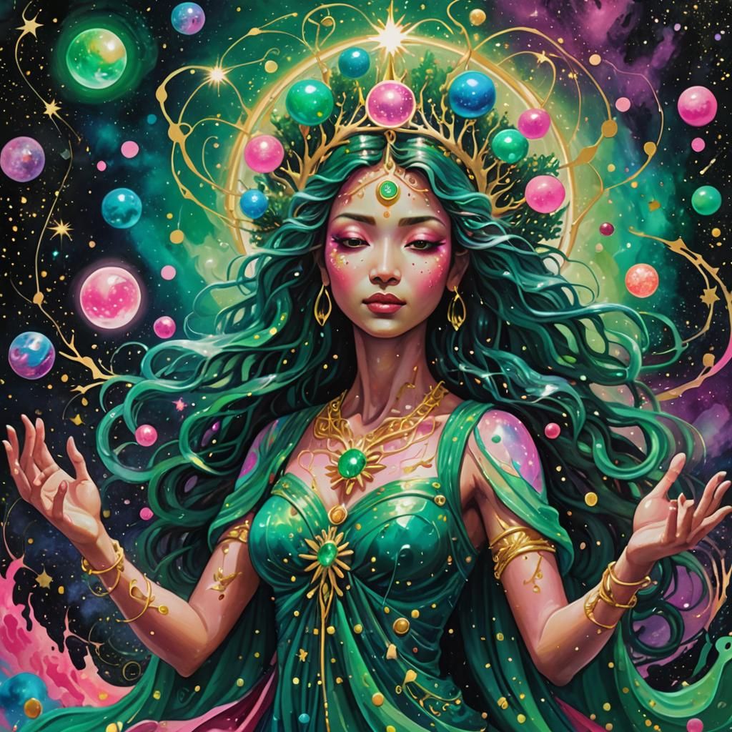 Surreal Galaxy Goddess Rearranging Stars in Polychromatic Li...