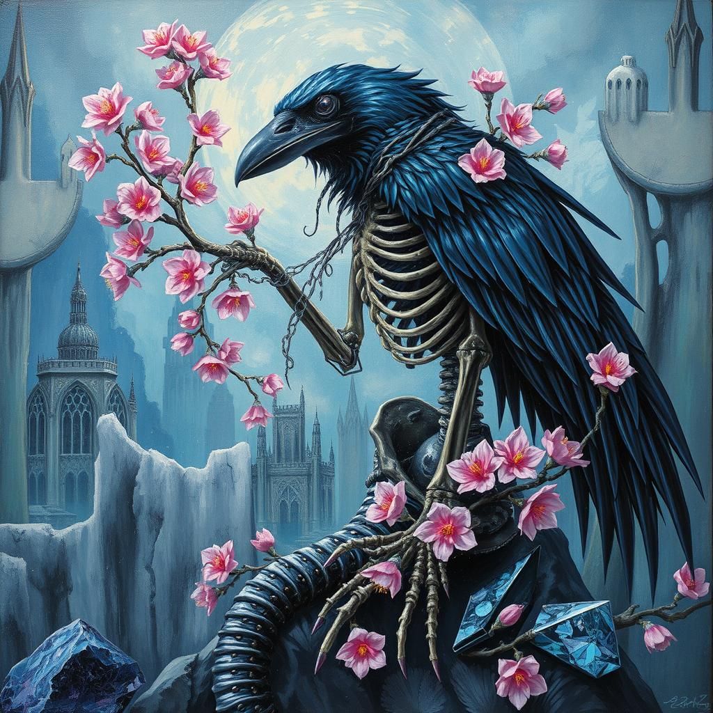 Mermaidpunk Raven in Arcology City Ruins Oil Painting