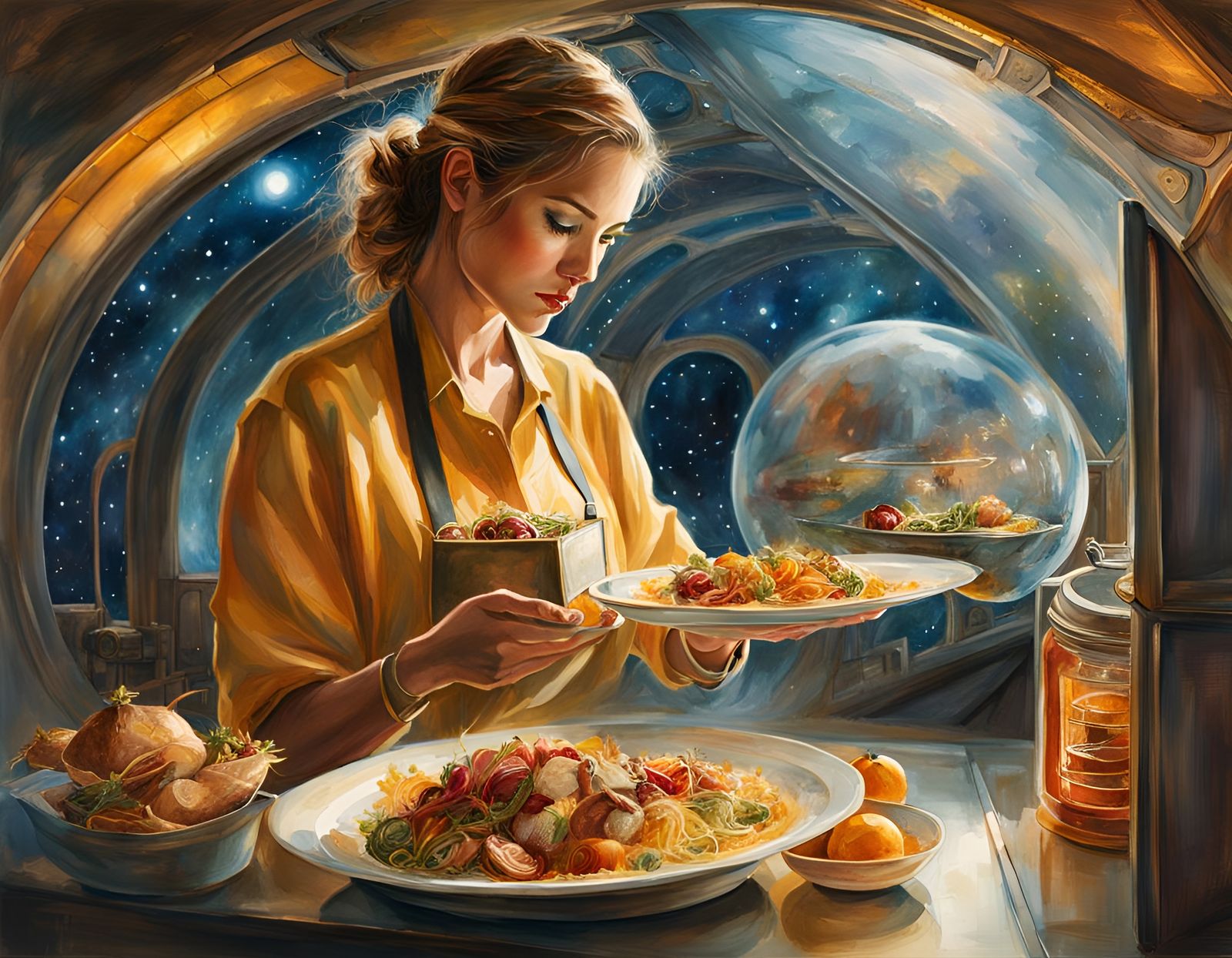 Spaceship Food Delivery with Double Exposure Background