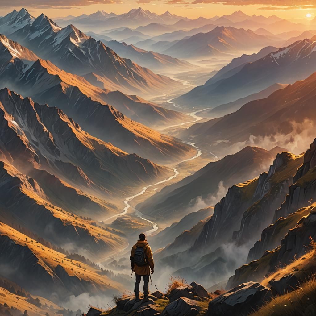 Golden Sunset Over Majestic Mountains: Hyperrealistic Oil Pa...