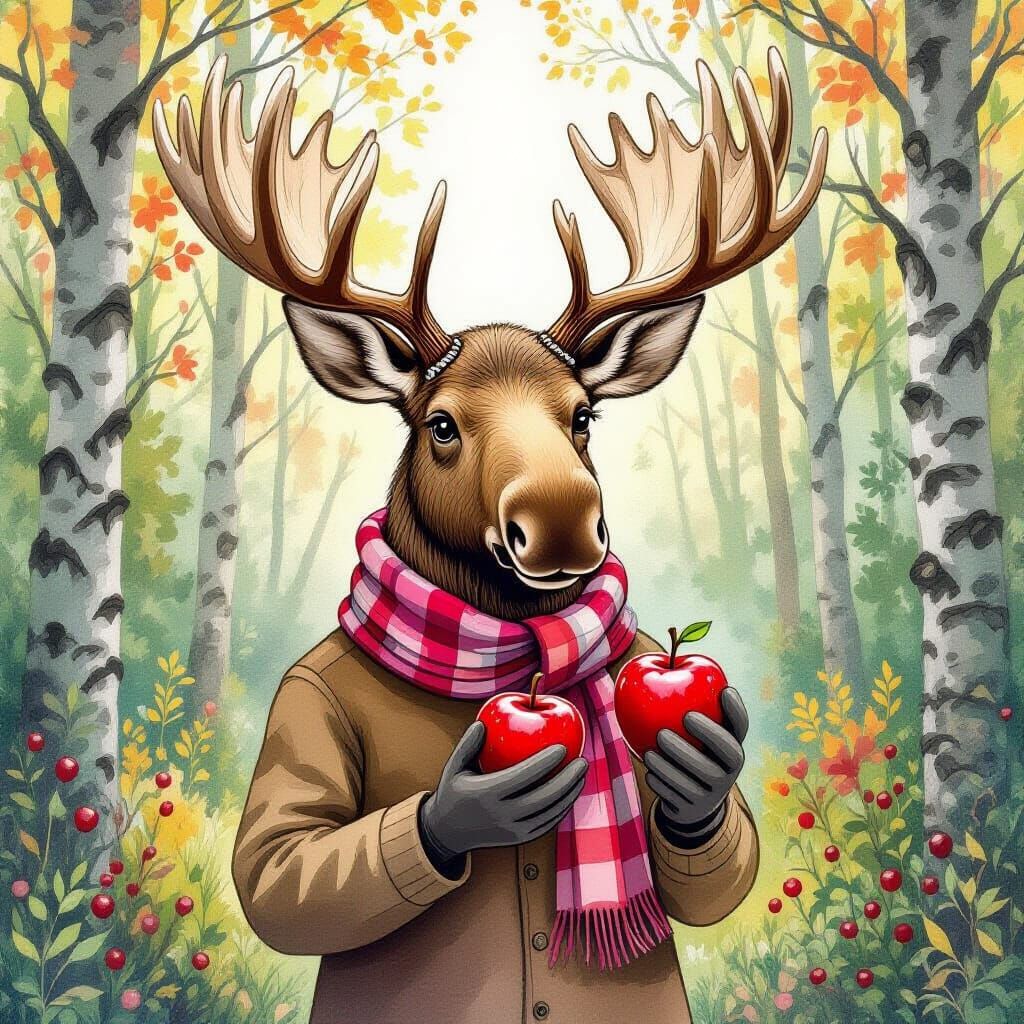 Whimsical Moose with Chocolate Apples