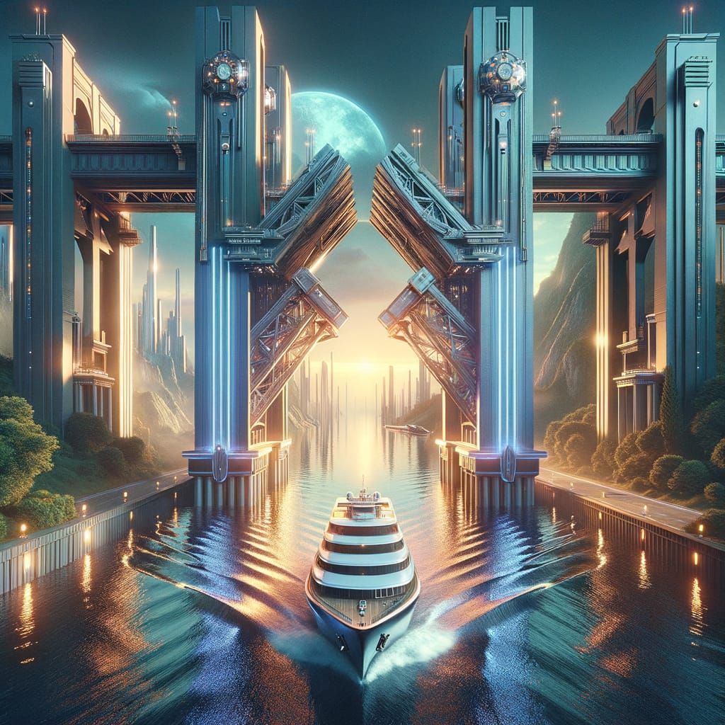 Futuristic London Bridge in Retro Futurism Style