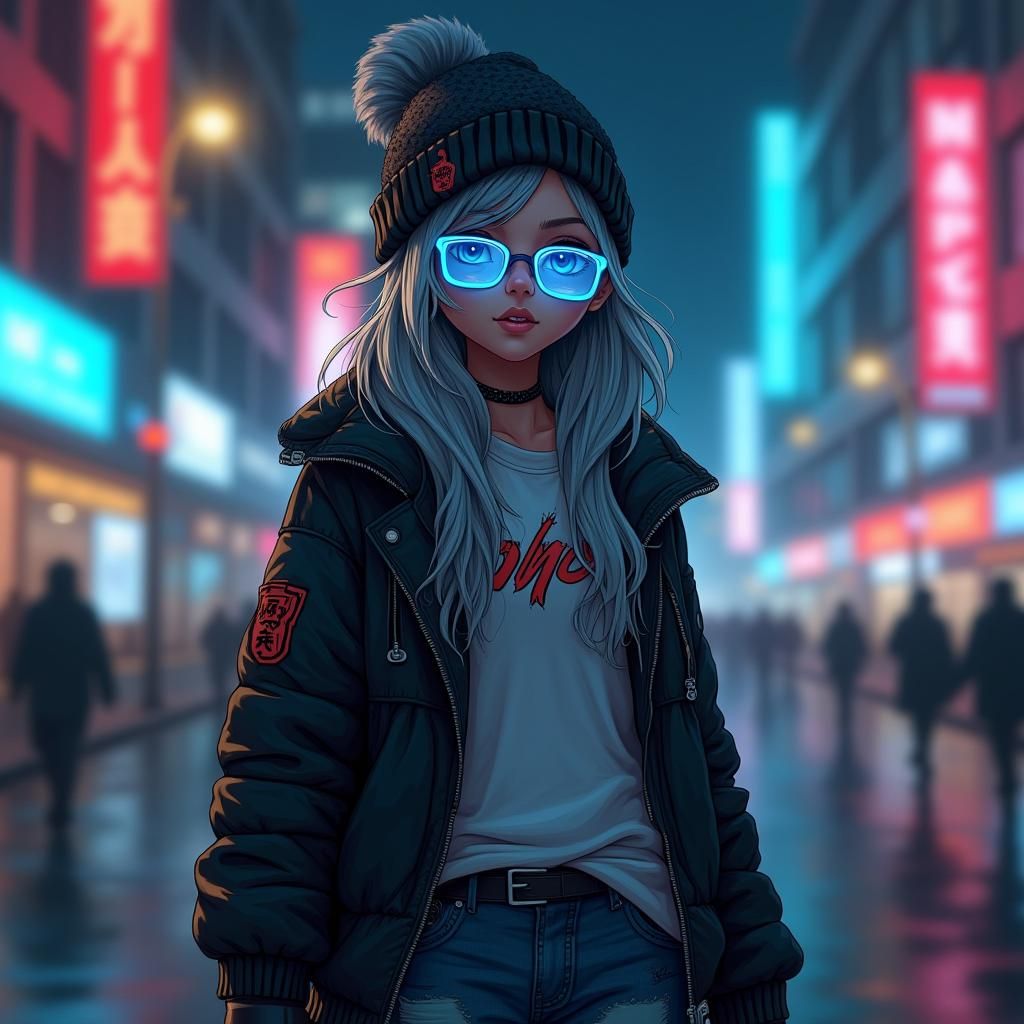 Cyberpunk Hacker with Blue Glasses in Cityscape