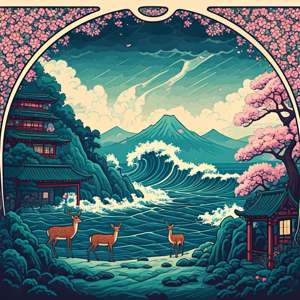 Ukiyo-e Coastal Scene with Nara Deer and Sakura