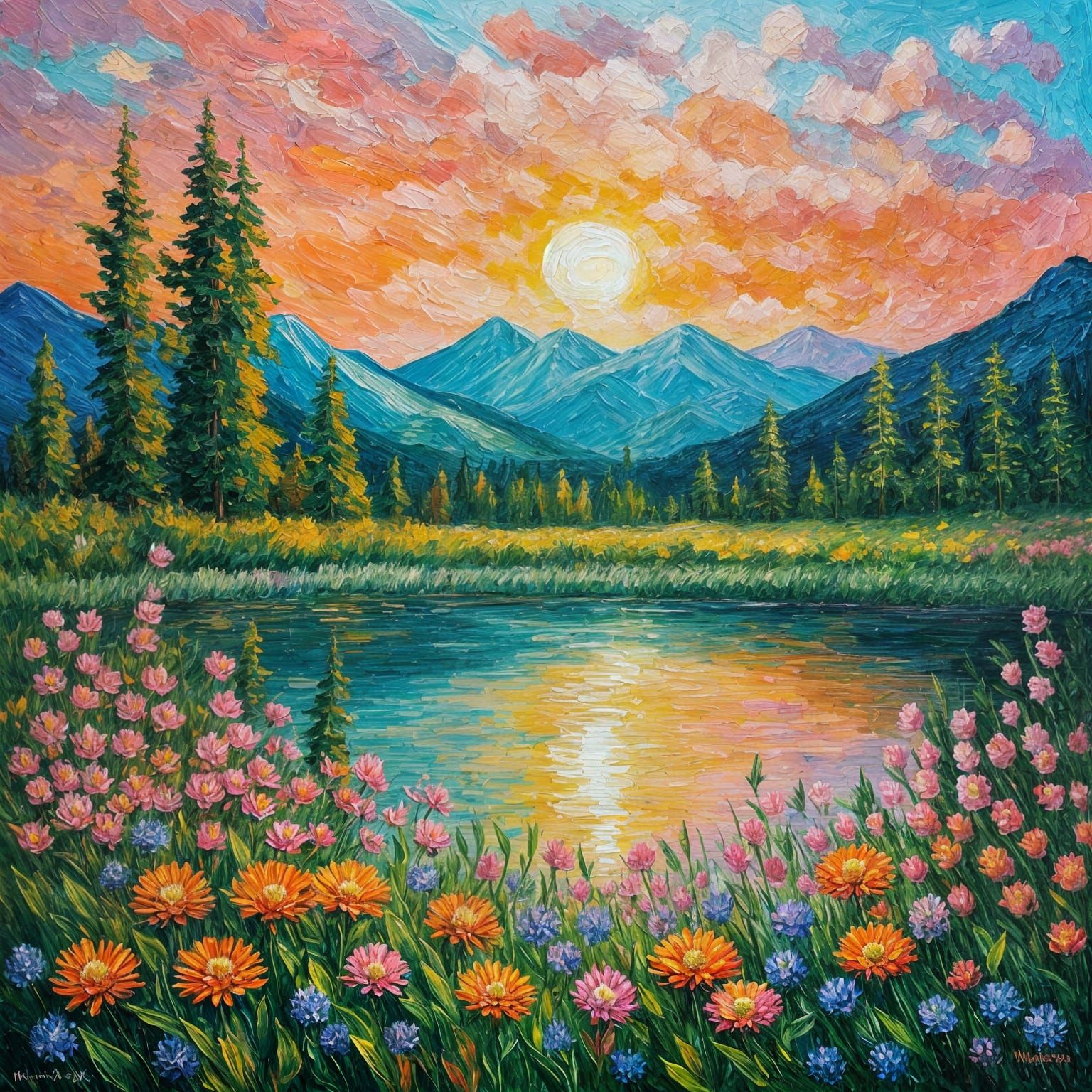 Picturesque Sunset Over Lake in Expressionist Style