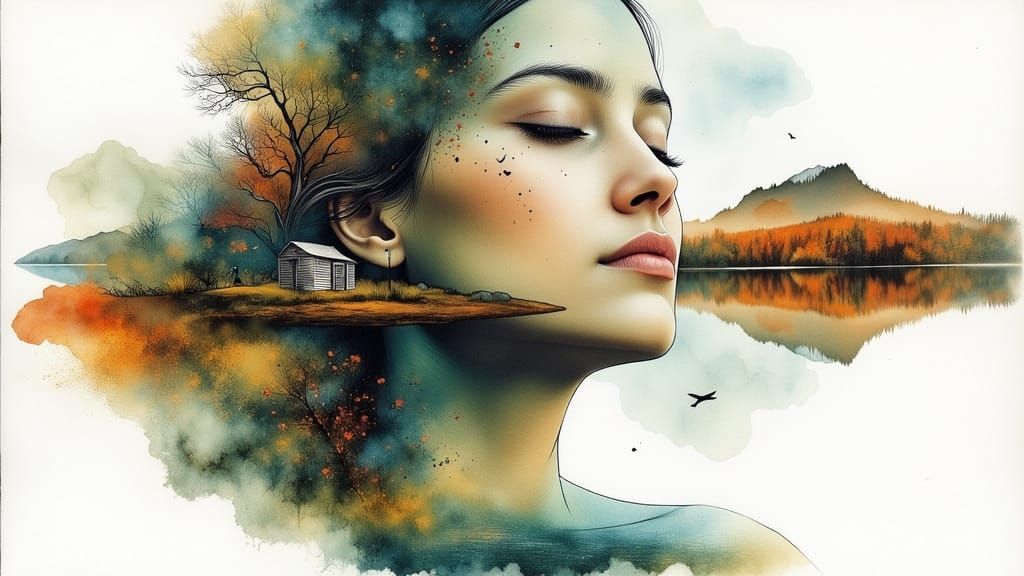 Dreamy Woman Blended with Nature in Surreal Illustration