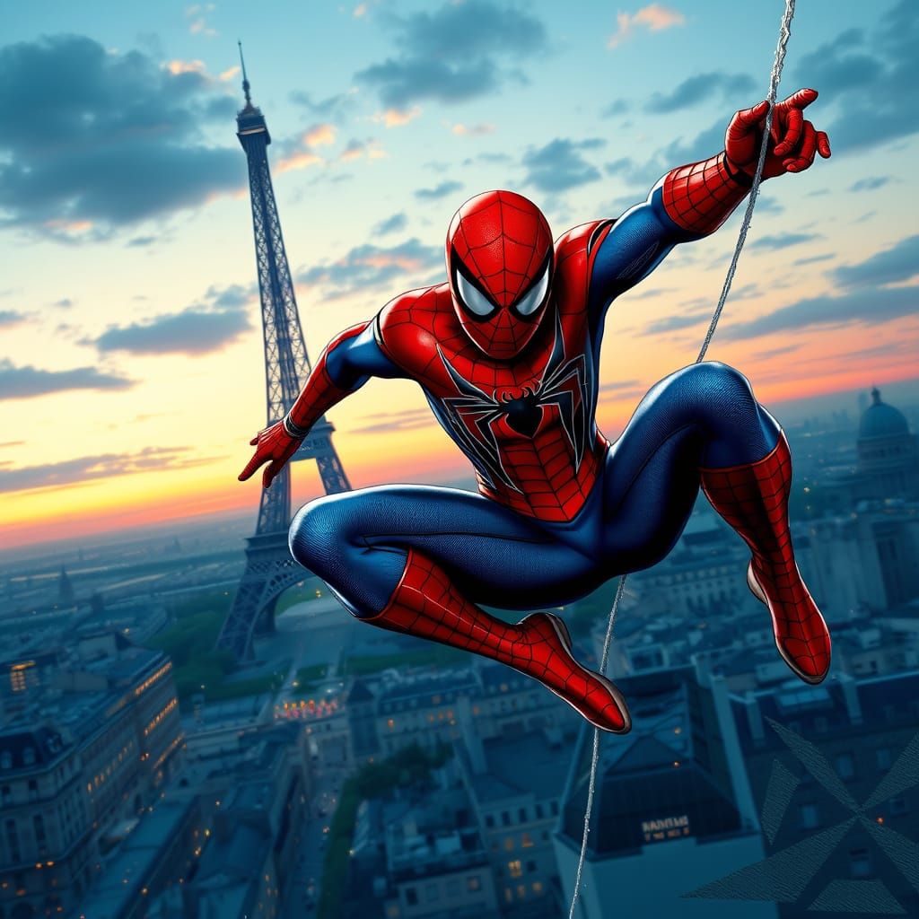 Spider-Man web swinging to the top of the Eiffel Tower