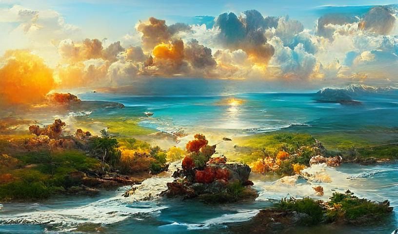 Tropical Sunrise Seascape Vista in Digital Illustration