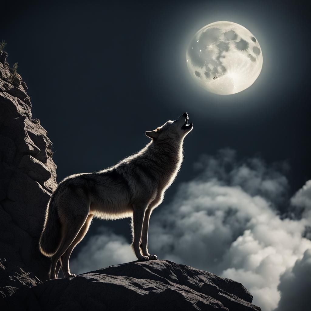 Wolf Howling at Moon Silhouette in Divine Light