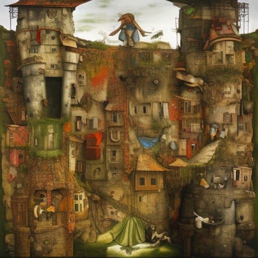 Surreal Cliffside Slums: Intricate Surrealist Poster Art