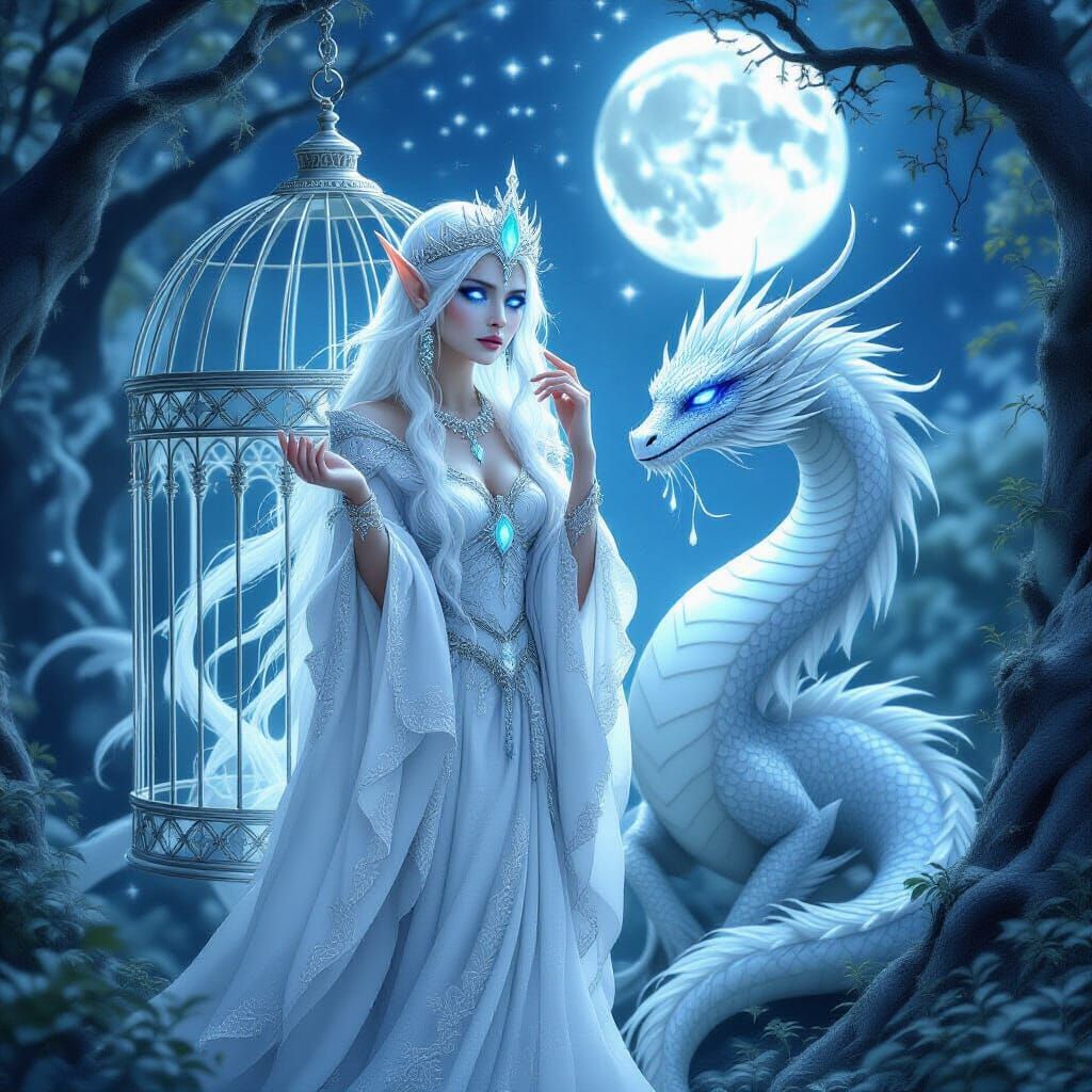 Ethereal Elf Queen and Ryu Dragon in Silver Forest
