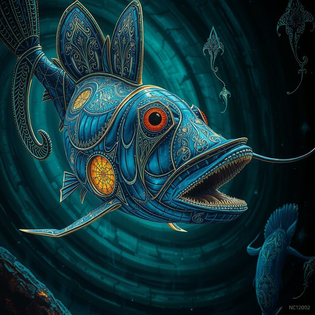 Mystic Marlin in Klimt-Inspired Fantasy Landscape