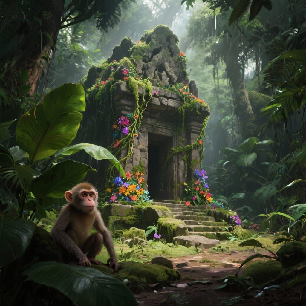 Ancient Jungle Temple Overgrown with Vines and Flowers