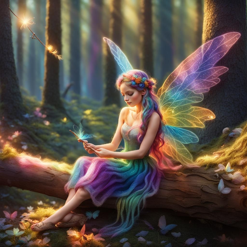 Rainbow Winged Fairy Knitting in Forest Scene