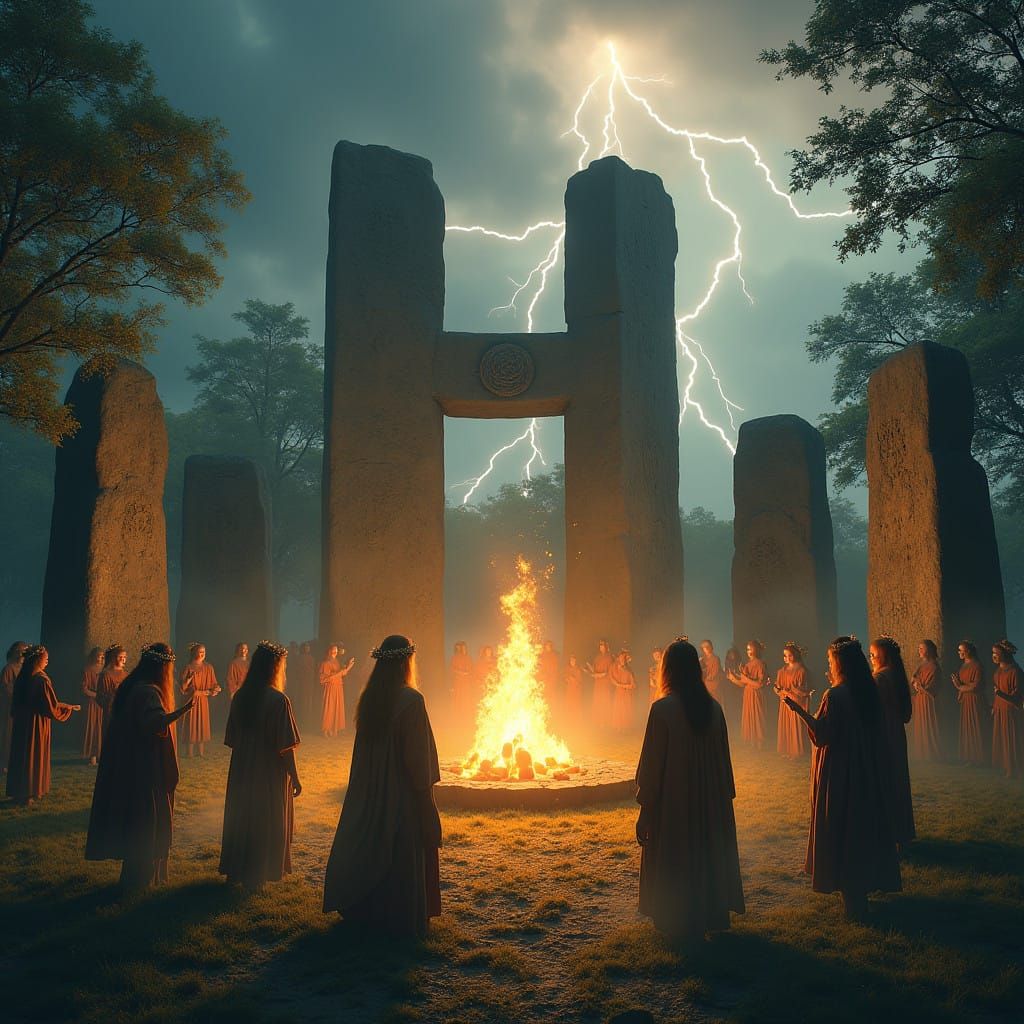Mystical Druid Gathering in a Megalithic Stone Circle