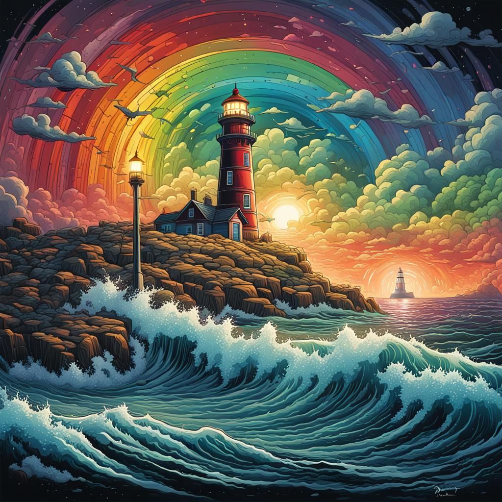 Lighthouse in Rainbow Light: 50s Graffiti Art