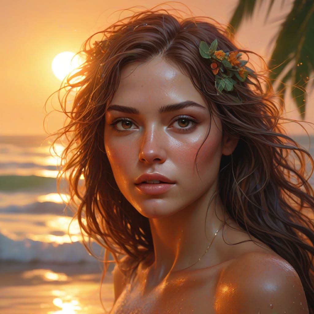 Stunning Woman on Tropical Beach at Sunset, Splash Art Style