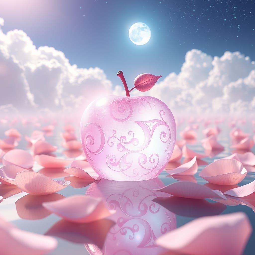 Glowing Crystal Apple Floating in a Galaxy Sky