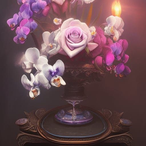 High Gothic Bouquet with Iris, Orchids and Roses