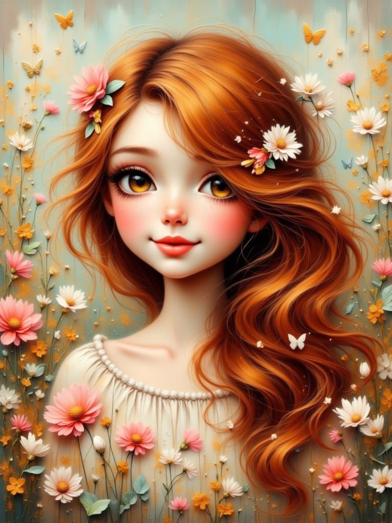 Gorgeous Portrait With Auburn Hair and Floral Background