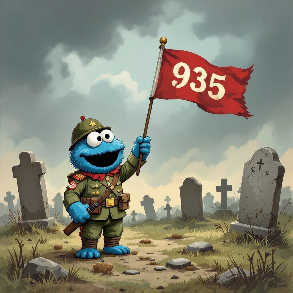 Baby Cookie Monster Soldier Holds 935 Flag in Graveyard