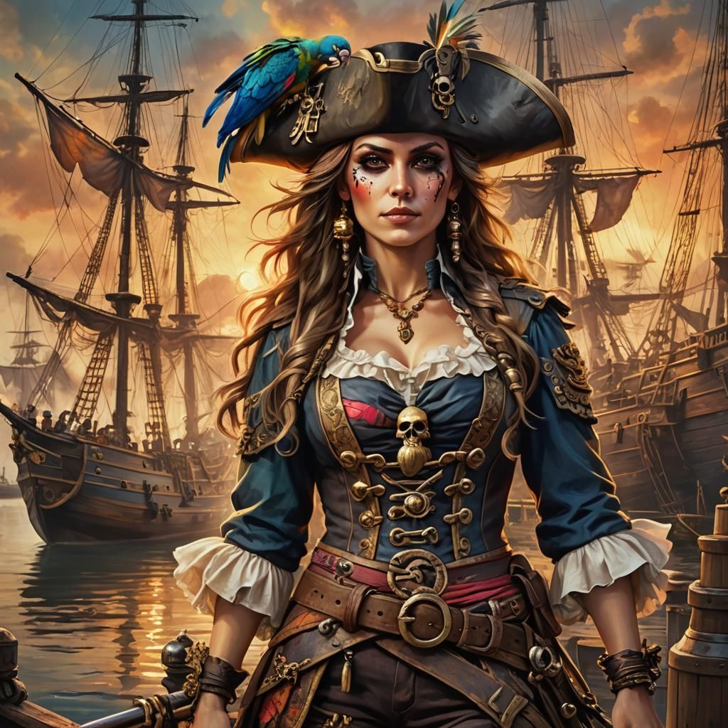 Baroque Pirate Art: Woman with Parrot in Port