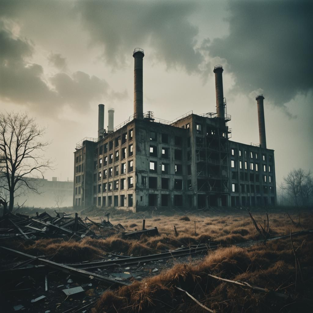 Ethereal Abandoned Factory in Dreamy Polaroid Style