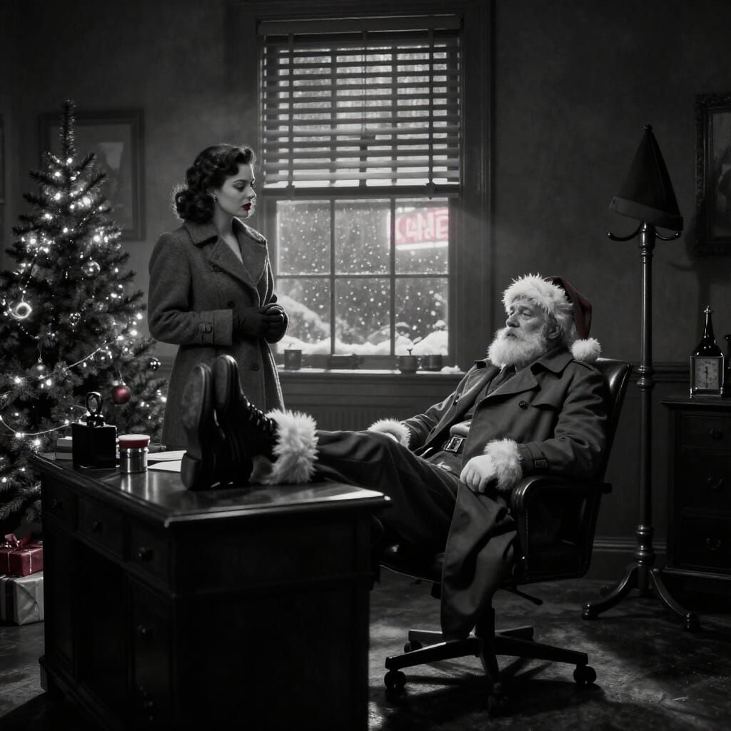 Film Noir Santa Detective on Foggy Christmas Eve