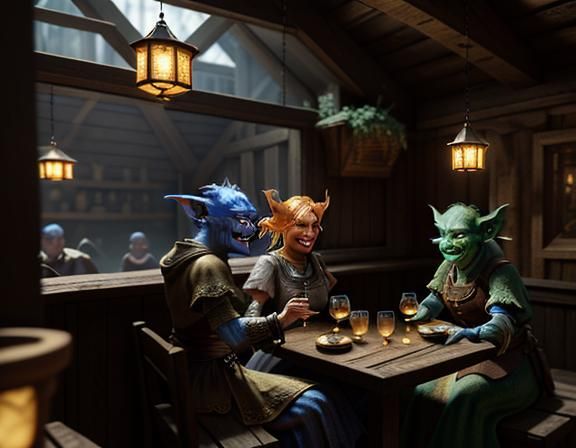 Goblins Enjoying Cocktails in Rustic Tavern: 3D Game Art