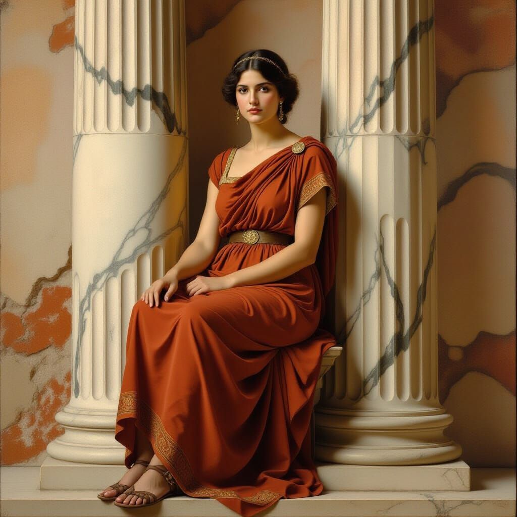 Woman in Greek Tunic Surrounded by Ancient Architecture