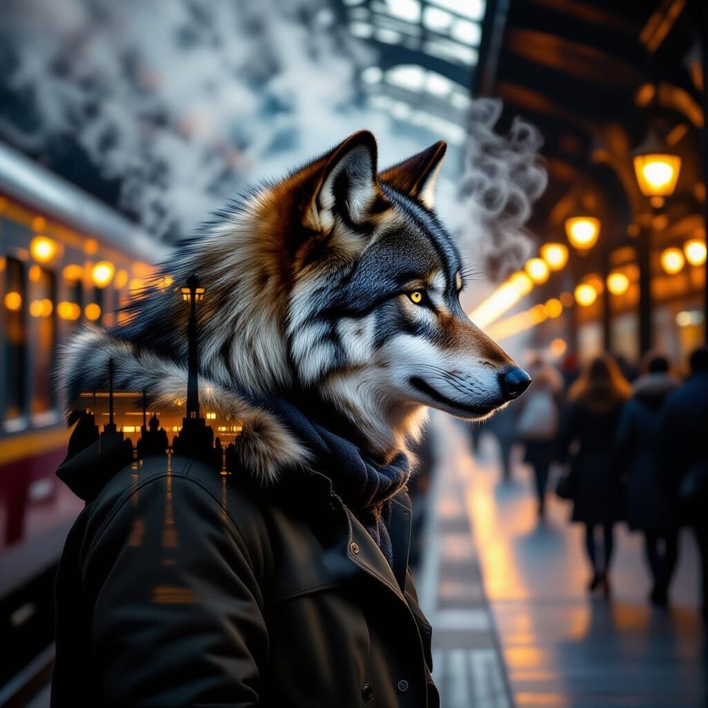 Wolf Silhouette Over Train Station at Dusk, Oil Painting